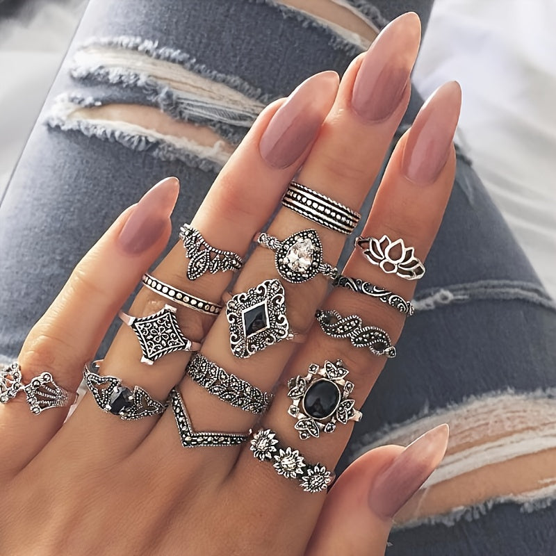 Conjunto de 15 anéis vintage de liga metálica com padrão de flores pequenas da Lotus – Conjunto de anéis para mulher, presente de joalharia