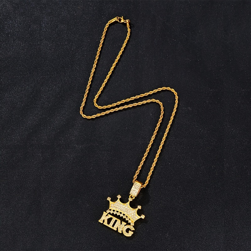 Colar com pingente de hip-hop «Crown King Iced Out» para homem, com corrente tipo corda em aço inoxidável de 61 cm