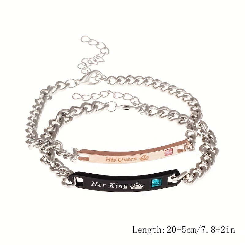 Conjunto de pulseiras para casal com cristais artificiais «King Queen» - Liga metálica moderna, estilo minimalista para uso diário, acessórios