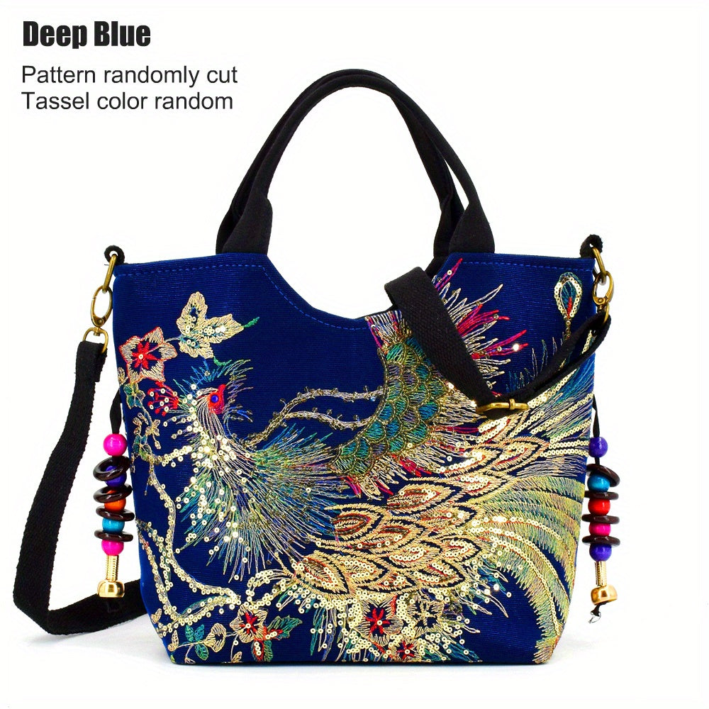 Mala tipo sacola bordada , bolsa de moda com duas alças, mala de estilo retro com alça removível