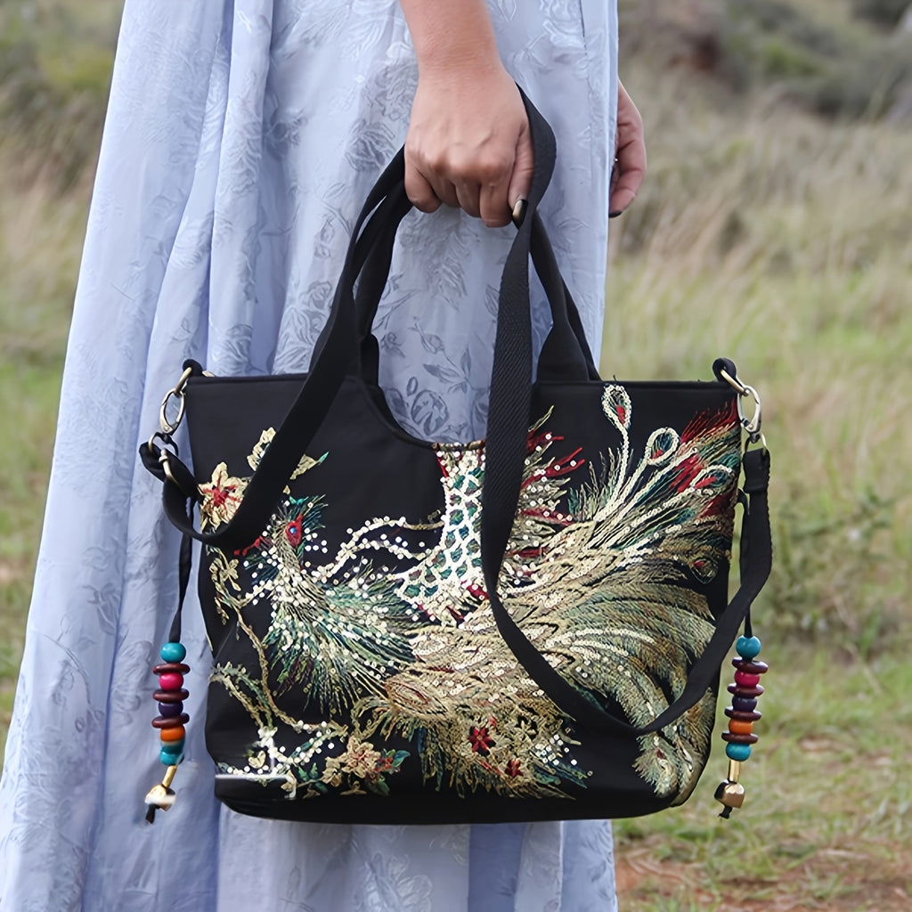 Mala tipo sacola bordada , bolsa de moda com duas alças, mala de estilo retro com alça removível
