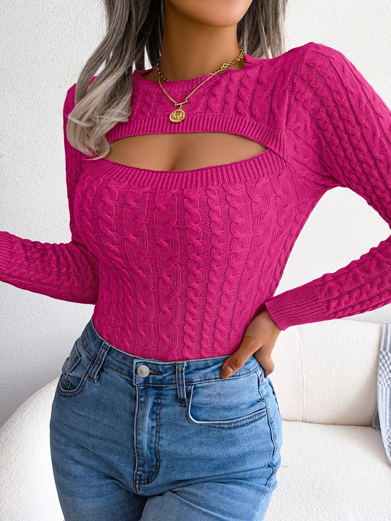 Camisola feminina de manga comprida com aberturas | Tecido altamente elástico, gola redonda, corte justo e sensual