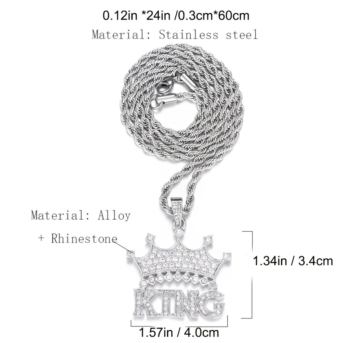 Colar com pingente de hip-hop «Crown King Iced Out» para homem, com corrente tipo corda em aço inoxidável de 61 cm
