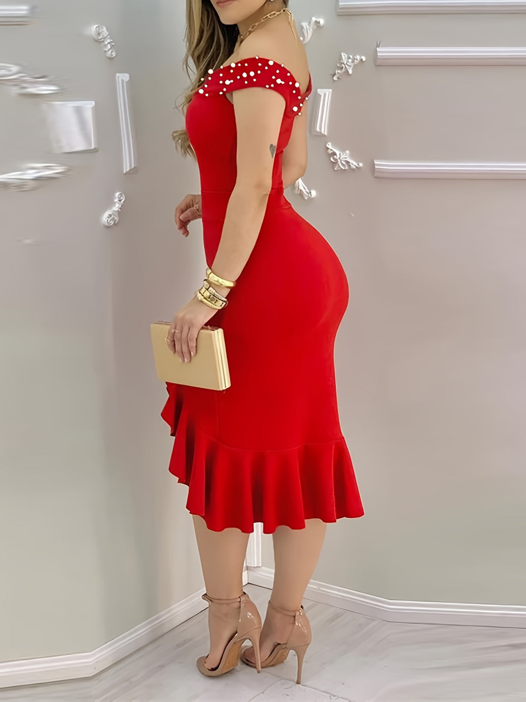 Vestido de verão estilo boho com ombros à vista/gola em barco e fenda na bainha - Vestido de praia leve para a piscina, férias, ocasiões casuais ou mais elegantes - Cor lisa (lavável à mão)