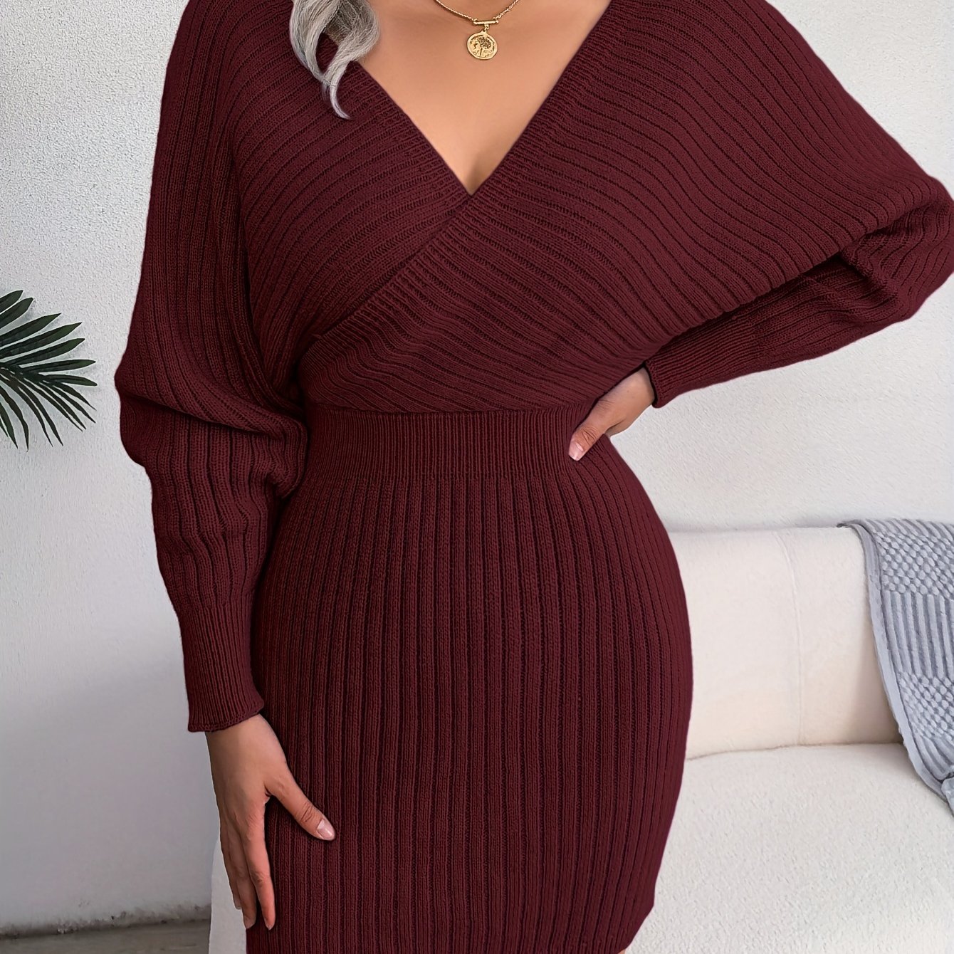 Vestido justo com decote em V cruzado, vestidos sensuais com mangas em forma de asa de morcego e decote cruzado, Roupa de mulher