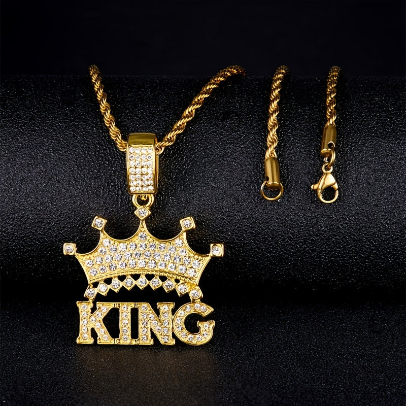 Colar com pingente de hip-hop «Crown King Iced Out» para homem, com corrente tipo corda em aço inoxidável de 61 cm