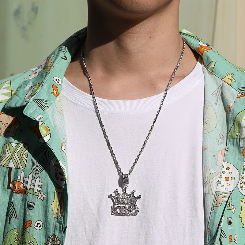 Colar com pingente de hip-hop «Crown King Iced Out» para homem, com corrente tipo corda em aço inoxidável de 61 cm