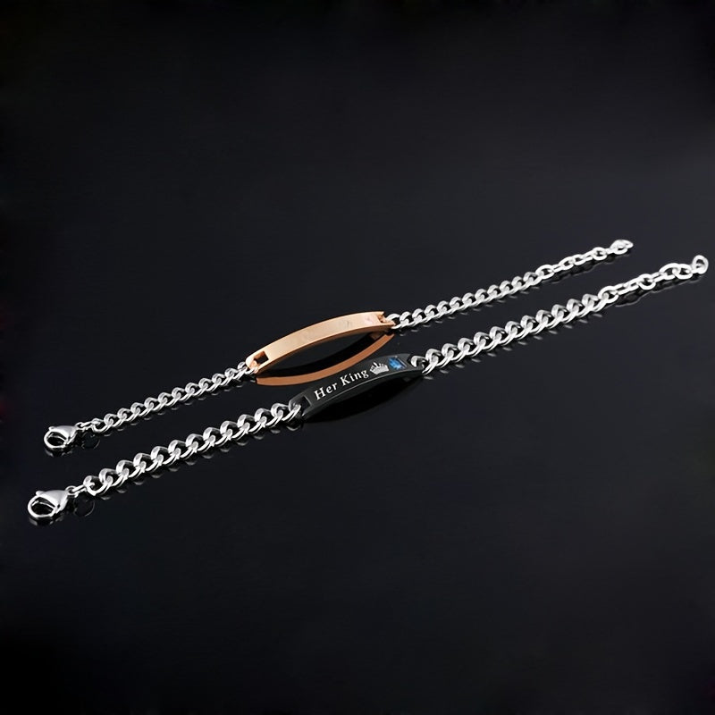 Conjunto de pulseiras para casal com cristais artificiais «King Queen» - Liga metálica moderna, estilo minimalista para uso diário, acessórios