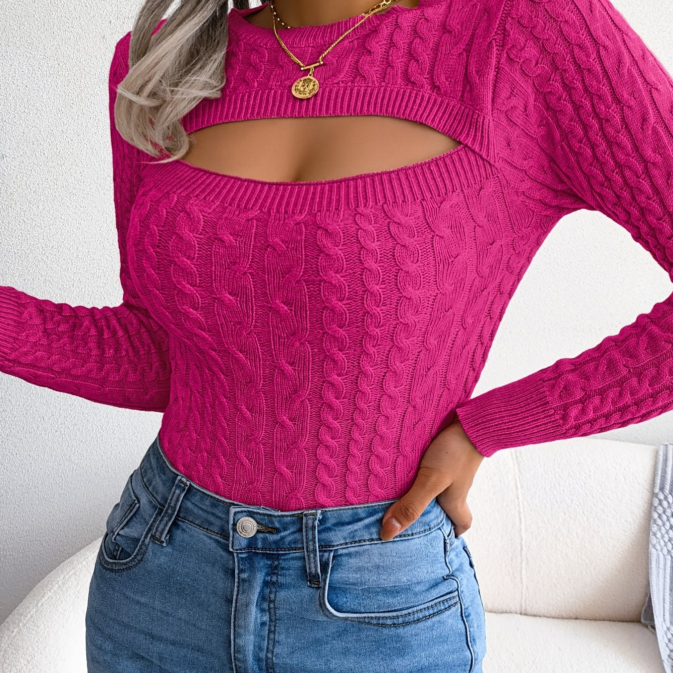 Camisola feminina de manga comprida com aberturas | Tecido altamente elástico, gola redonda, corte justo e sensual