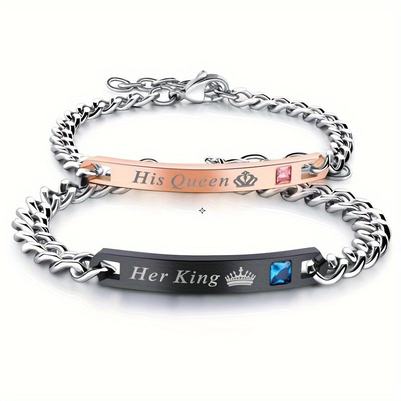 Conjunto de pulseiras para casal com cristais artificiais «King Queen» - Liga metálica moderna, estilo minimalista para uso diário, acessórios