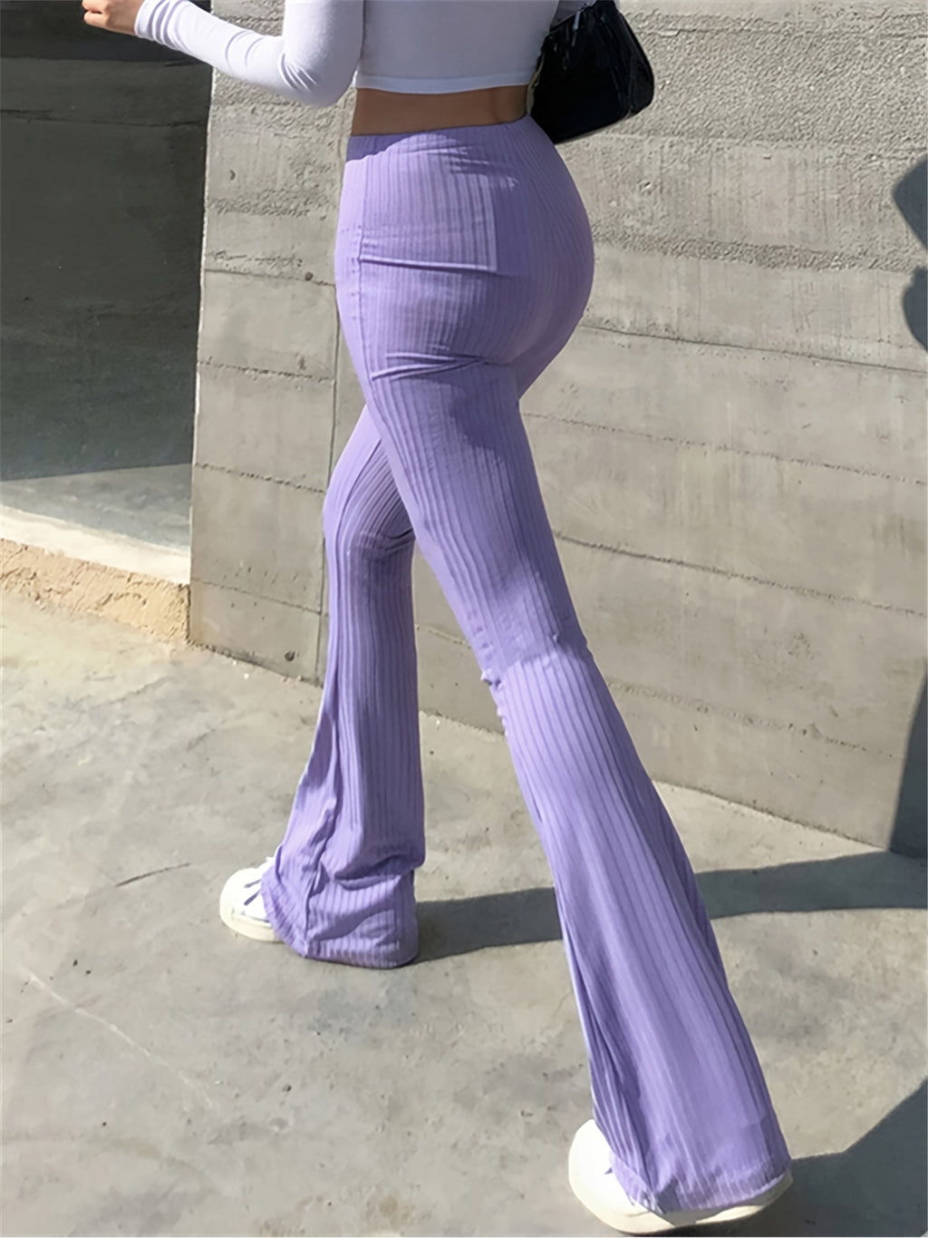 Calças justas às riscas com perna larga, calças casuais elásticas de cintura alta, roupa feminina