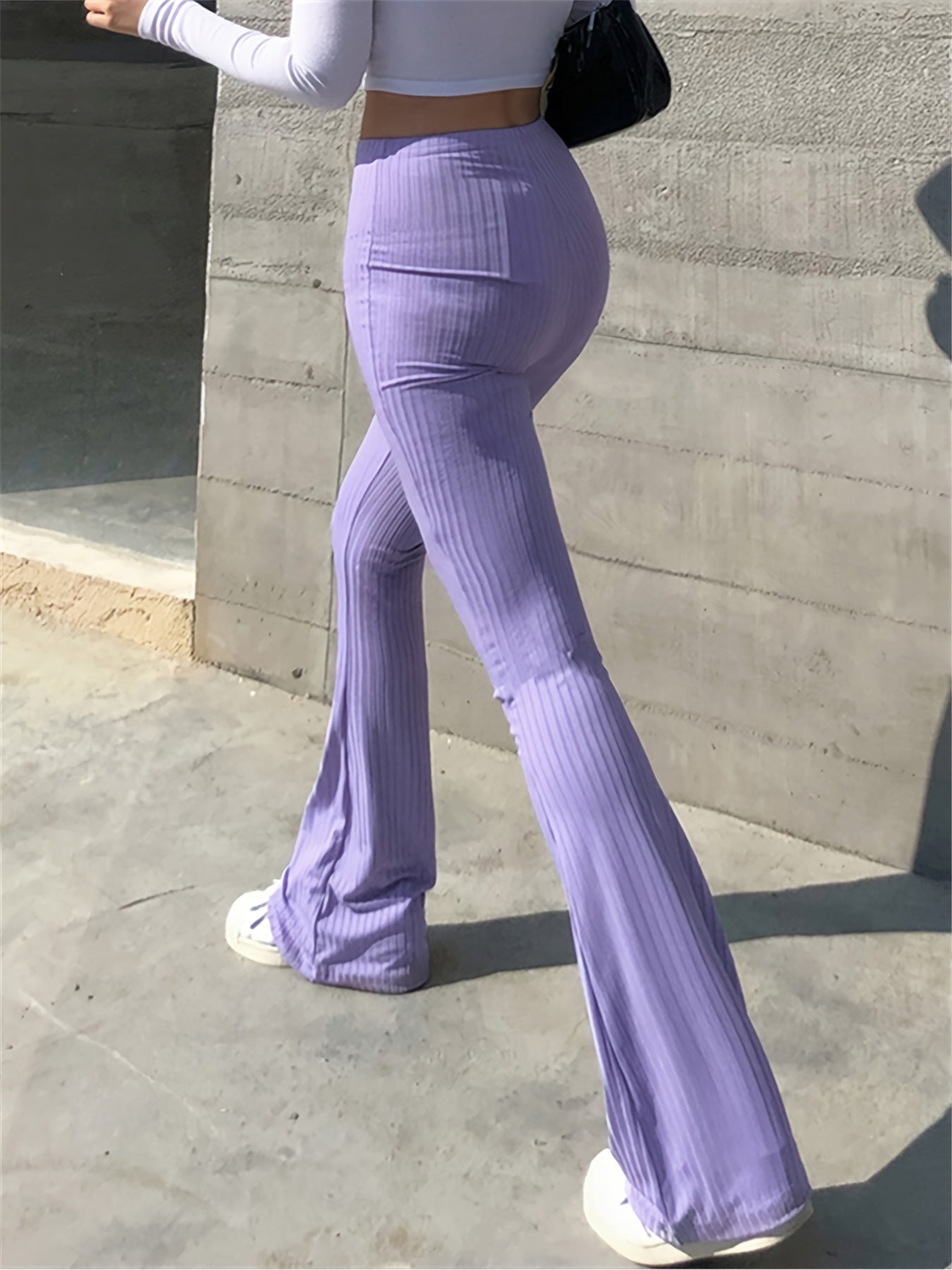 Calças justas às riscas com perna larga, calças casuais elásticas de cintura alta, roupa feminina