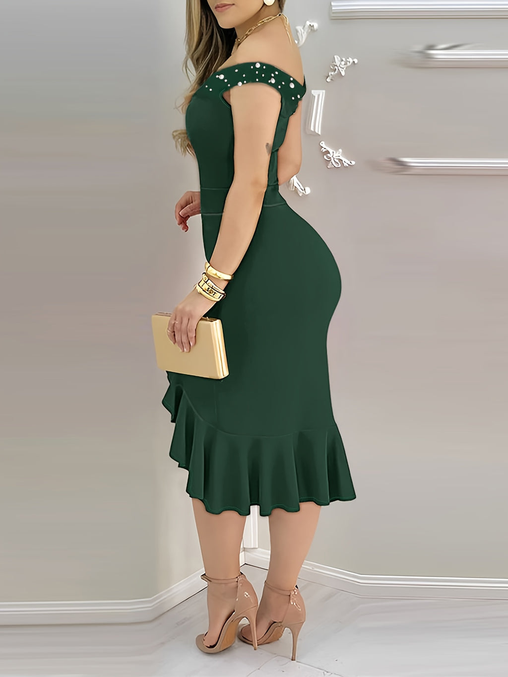 Vestido de verão estilo boho com ombros à vista/gola em barco e fenda na bainha - Vestido de praia leve para a piscina, férias, ocasiões casuais ou mais elegantes - Cor lisa (lavável à mão)