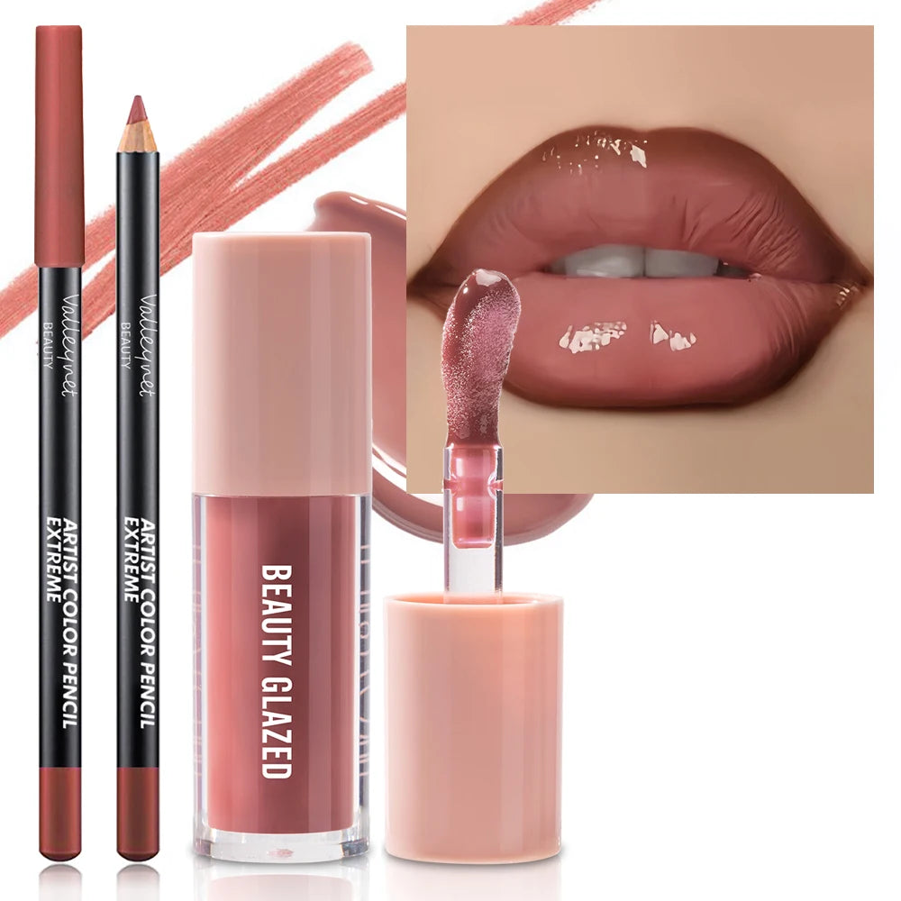Conjunto de 2 unidades de maquilhagem para lábios com textura aveludada, efeito mate, nas cores vermelho e castanho, para criar uma maquilhagem hidratante e natural nos lábios