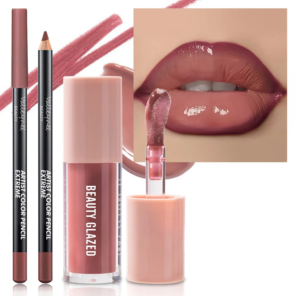 Conjunto de 2 unidades de maquilhagem para lábios com textura aveludada, efeito mate, nas cores vermelho e castanho, para criar uma maquilhagem hidratante e natural nos lábios