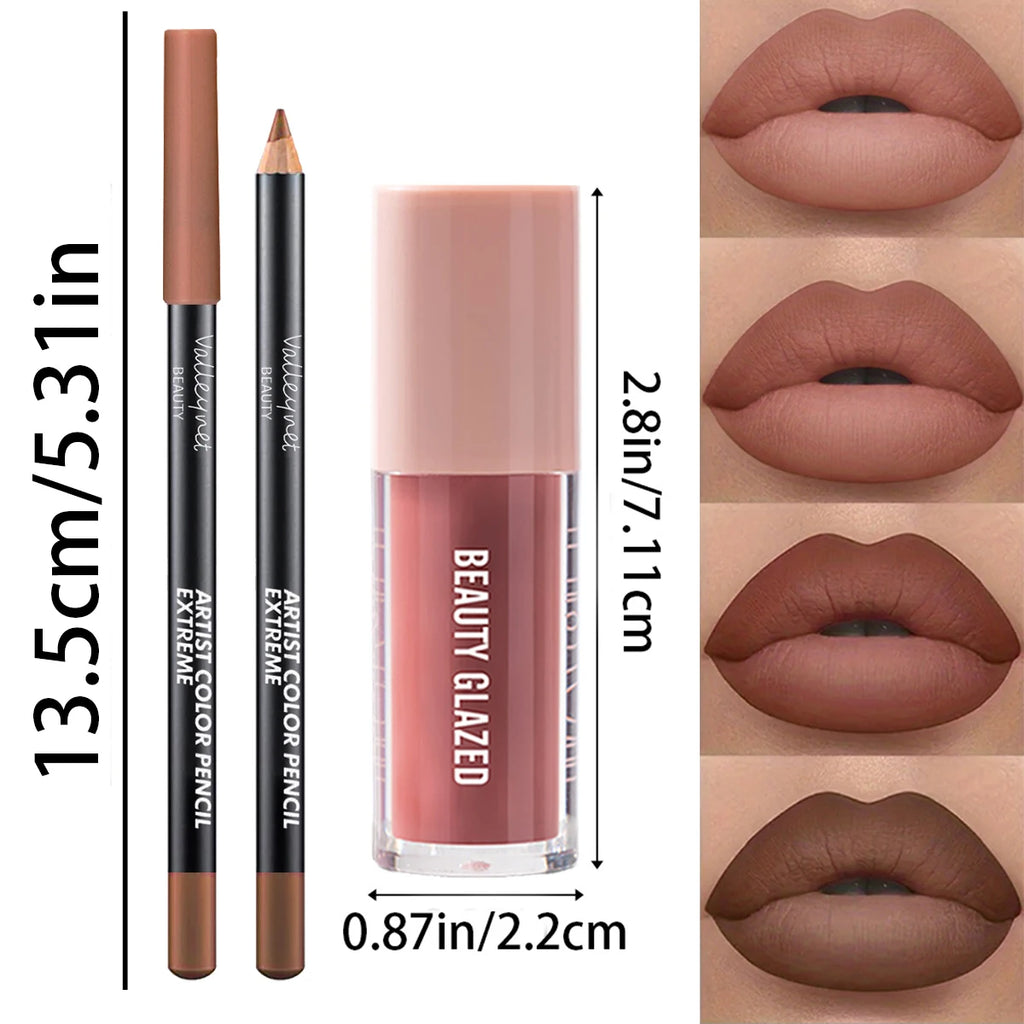 Conjunto de 2 unidades de maquilhagem para lábios com textura aveludada, efeito mate, nas cores vermelho e castanho, para criar uma maquilhagem hidratante e natural nos lábios