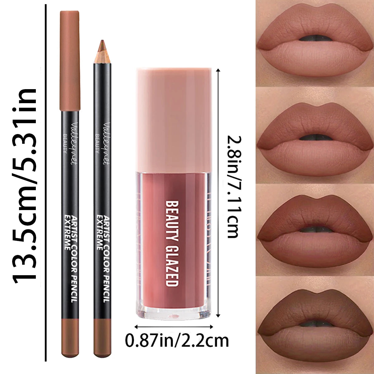 Conjunto de 2 unidades de maquilhagem para lábios com textura aveludada, efeito mate, nas cores vermelho e castanho, para criar uma maquilhagem hidratante e natural nos lábios