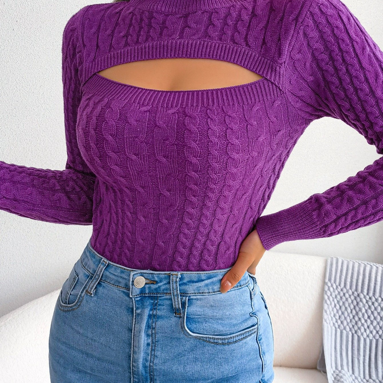 Camisola feminina de manga comprida com aberturas | Tecido altamente elástico, gola redonda, corte justo e sensual