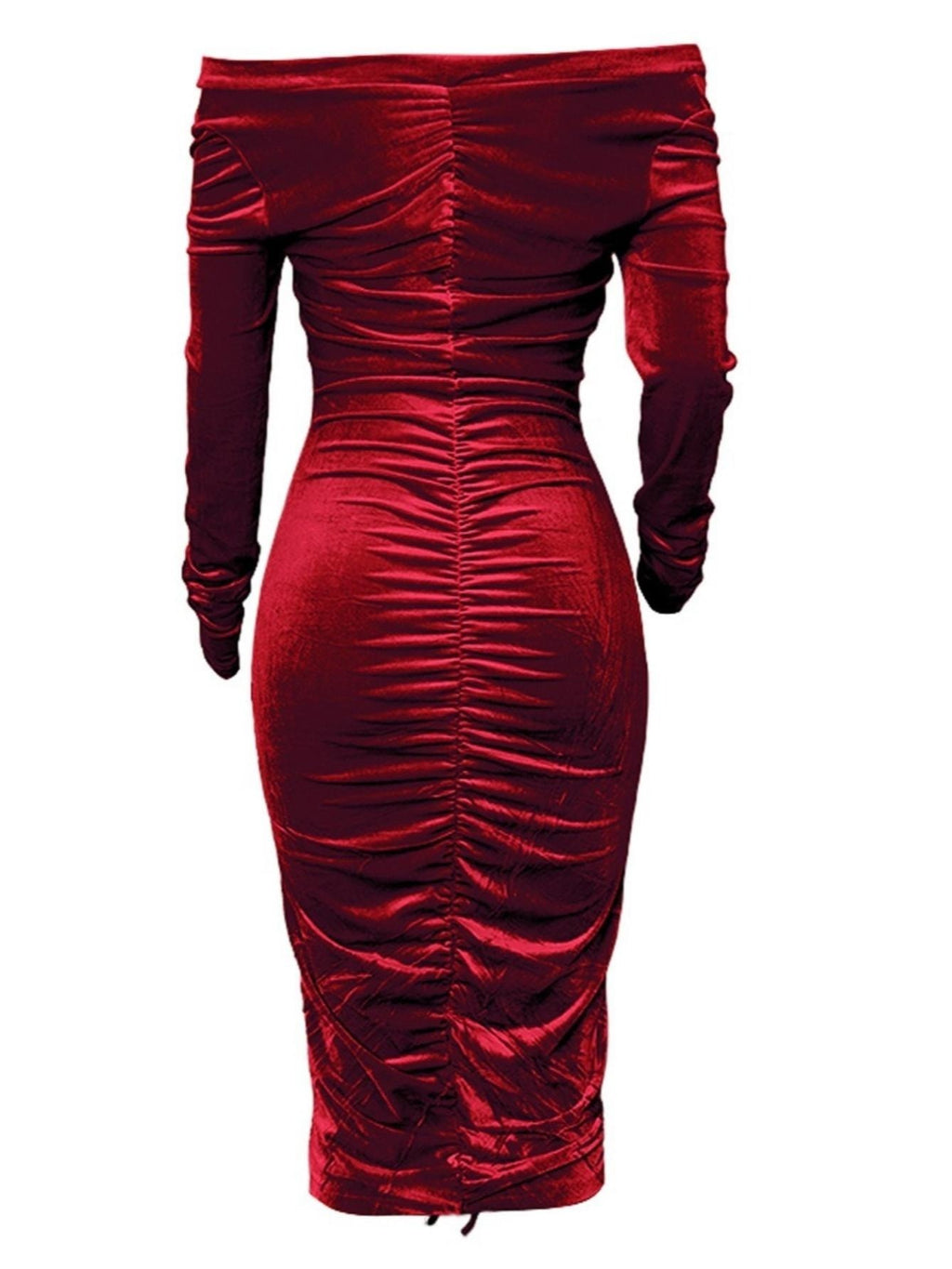 Vestidos de mulher com decote em V, ombros à vista, em veludo franzido e de comprimento médio