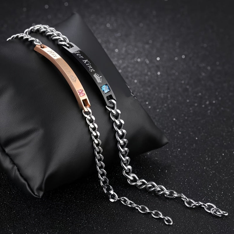 Conjunto de pulseiras para casal com cristais artificiais «King Queen» - Liga metálica moderna, estilo minimalista para uso diário, acessórios