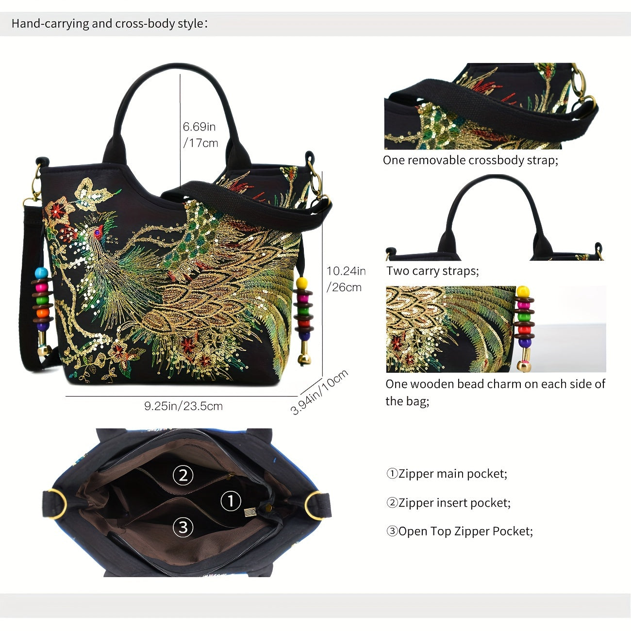 Mala tipo sacola bordada , bolsa de moda com duas alças, mala de estilo retro com alça removível