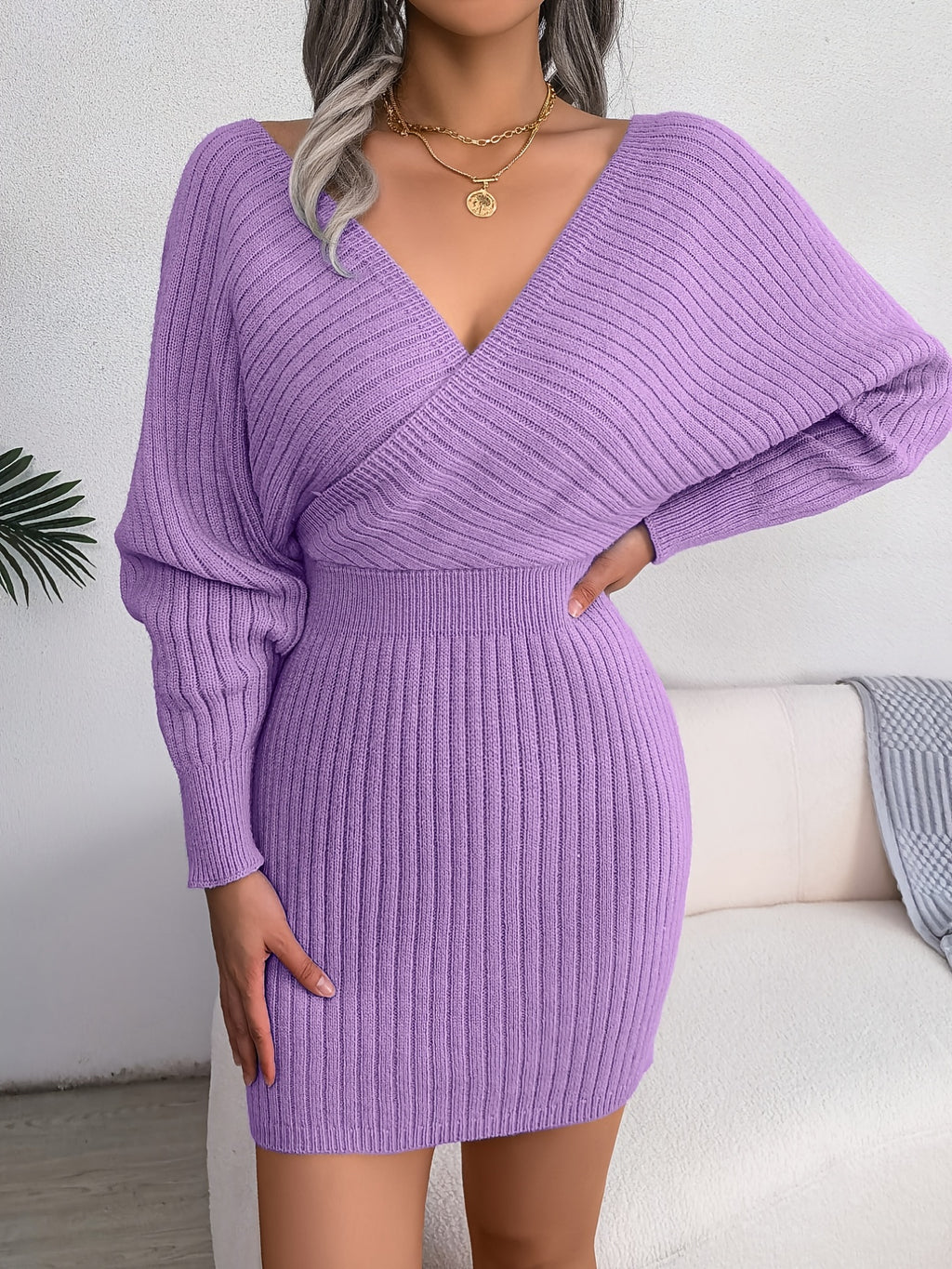 Vestido justo com decote em V cruzado, vestidos sensuais com mangas em forma de asa de morcego e decote cruzado, Roupa de mulher
