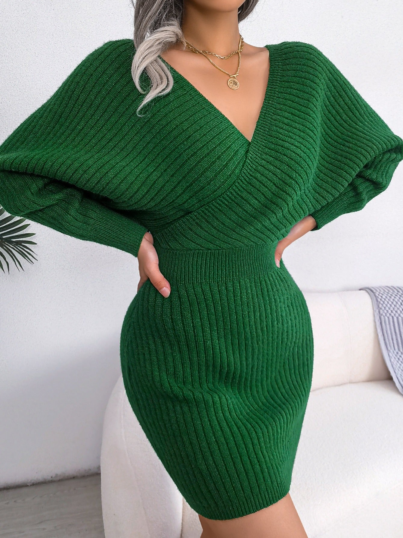 Vestido justo com decote em V cruzado, vestidos sensuais com mangas em forma de asa de morcego e decote cruzado, Roupa de mulher