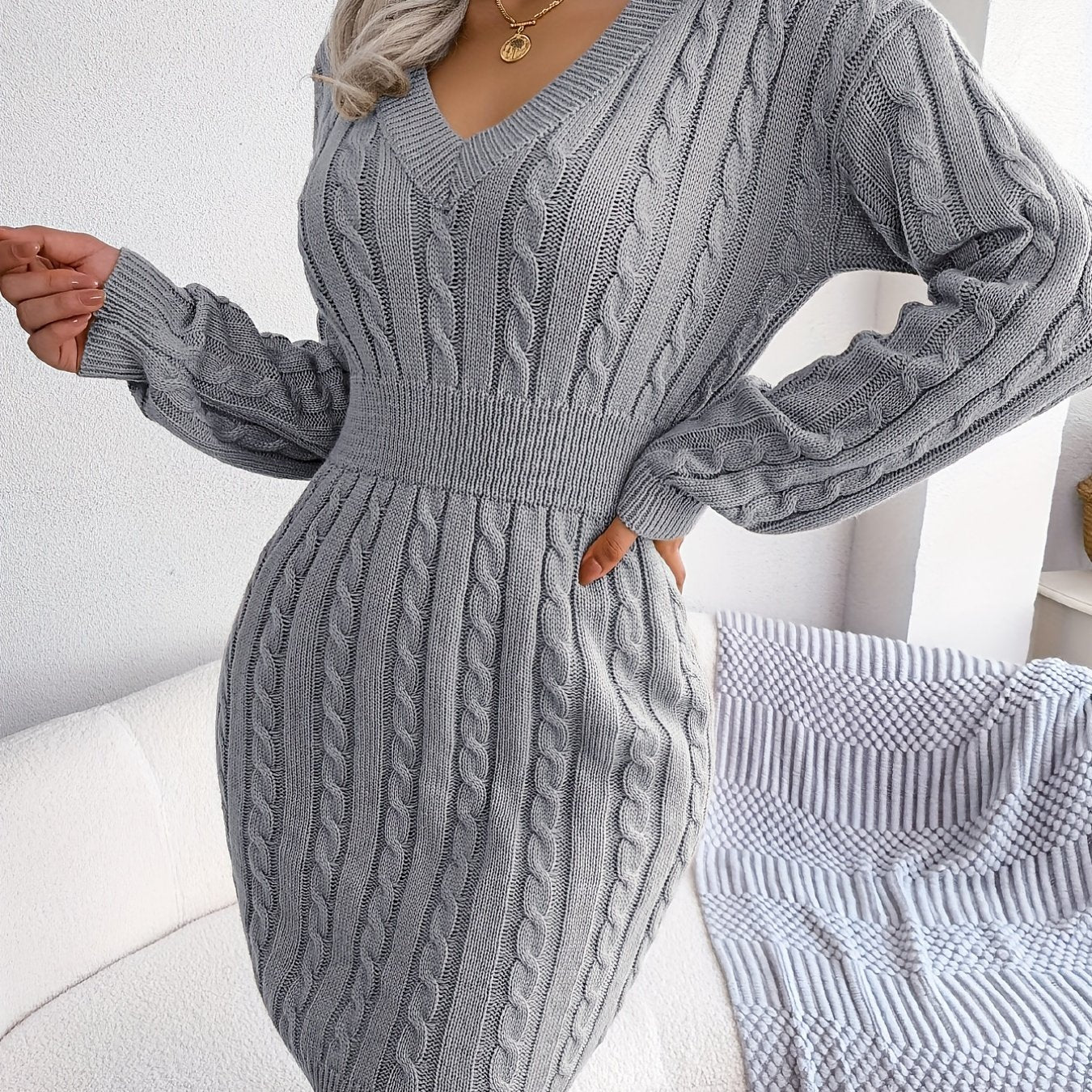 Vestido de malha com cintura torcida em cânhamo, de cor sólida, estilo hip